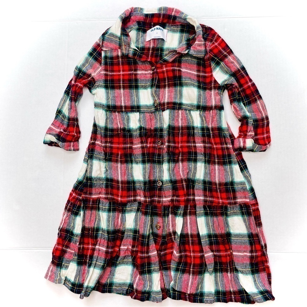OLD Navy Plaid Button Down Flannel Tiered Dress in Red, Green & White